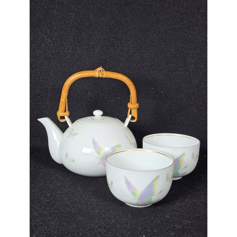 Asian Porcelain Tea Set Teapot & 2 Teacups Butterfly Gold Gilt Rim Retro
